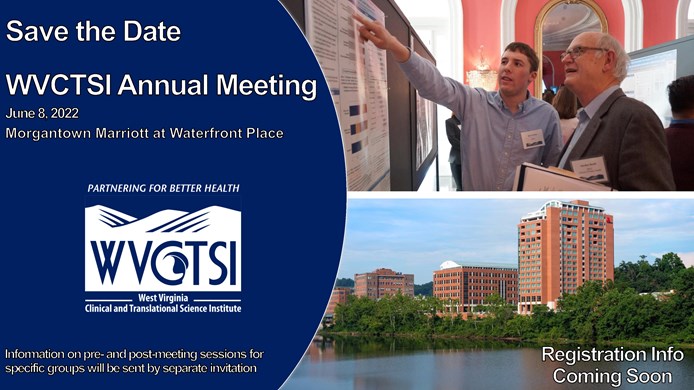 Image of Annual Meeting save the date including photos of the Morgantown Marriot at Waterfront Place and two individuals looking at a poster presentation