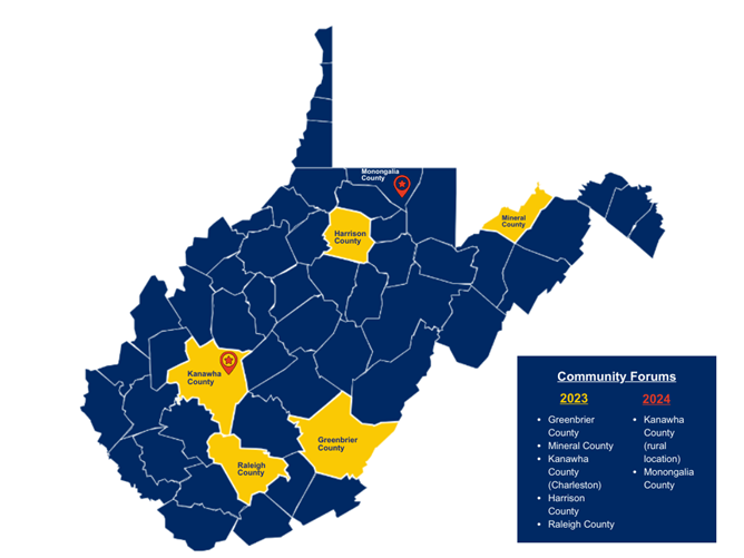 Image of WV state map with previous visit sites in Greenbrier, Mineral, Kanawha, Harrison, and Raleigh Counties